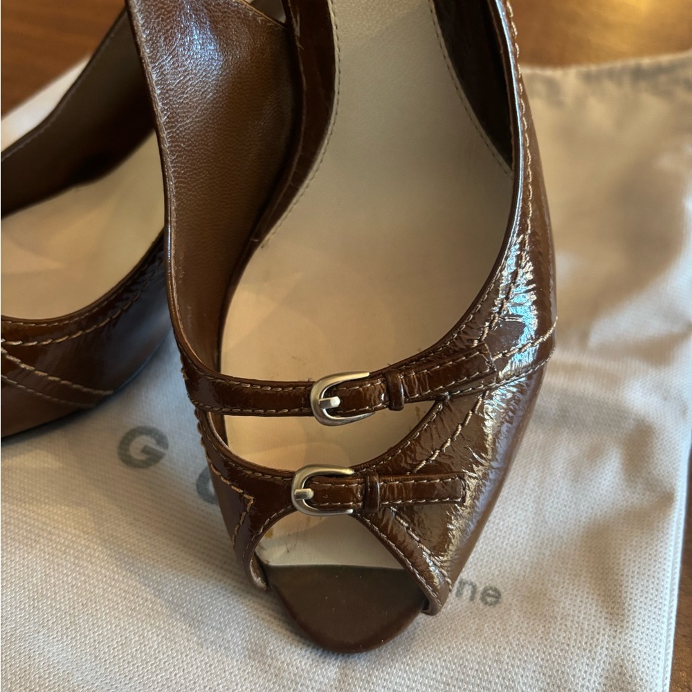 Womens Brown Patent Peep-Toe Heels - 2-Buckle Detail